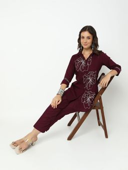 SHOWOFF - Women Burgundy Cotton Blend Embroidered Co-Ord Set
