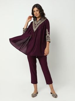 SHOWOFF - Women Purple Silk Blend Embroidered Co-Ord Set
