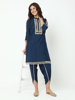SHOWOFF - Women Navy Blue Cotton Blend Embroidered Kurta with Dhoti Pant