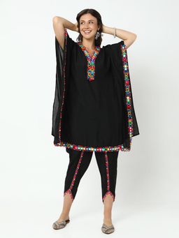 SHOWOFF - Women Black Cotton Blend Embroidered Kaftan Kurta with Dhoti Pant