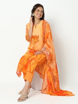 SHOWOFF - Women Orange Chiffon Floral Kurta with Pant and Dupatta