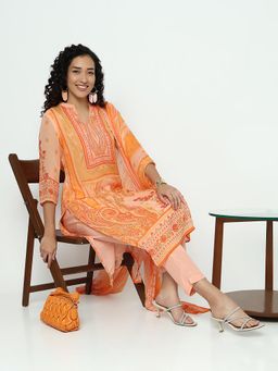 SHOWOFF - Women Orange Crepe Paisley Kurta with Pant and Dupatta