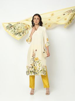 SHOWOFFFF - Women Yellow Cotton Blend Floral Kurta with Pant and Dupatta