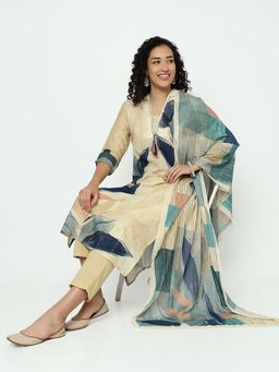 SHOWOFF - Women Beige Cotton Blend Abstract Kurta with Pant and Dupatta