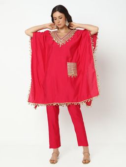 SHOWOFF - Women Pink Cotton Blend Embroidered Kaftan Kurta with Pant
