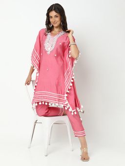 SHOWOFF - Women Pink Cotton Blend Embroidered Kaftan Kurta with Pant
