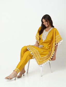 SHOWOFF - Women Yellow Cotton Blend Embroidered Kaftan Kurta with Pant