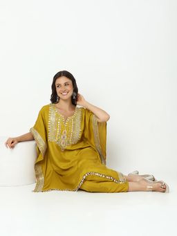 SHOWOFF - Women Mustard Cotton Blend Embroidered Kaftan Kurta with Pant