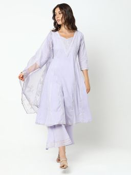 SHOWOFF - Women Lavender Cotton Blend Embroidered Kurta with Palazzo and Dupatta
