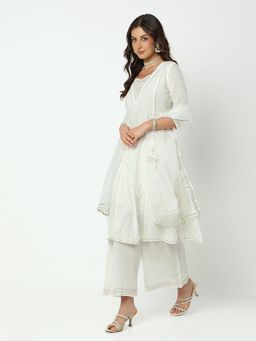 SHOWOFF - Women Off White Cotton Blend Embroidered Kurta with Palazzo and Dupatta