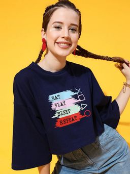 STREET 9 - Navy Blue Crop Boxy T-Shirt