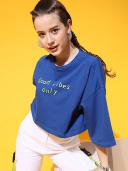 STREET 9 - Women Blue Crop Boxy T-Shirt