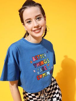 STREET 9 - Women Blue Crop Loose T-Shirt