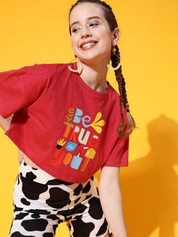 STREET 9 - Women Red Crop Loose T-Shirt