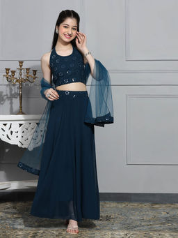 Cherry & Jerry - Teal Mirror Work Party Lehenga (Set of 3)