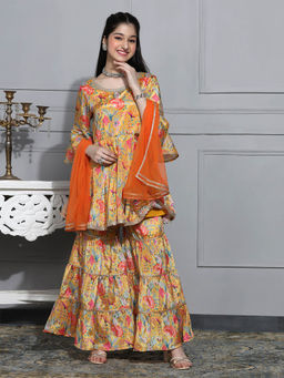 Cherry & Jerry - Yellow Chinon Silk Kurta with Sharara & Dupatta (Set of 3)