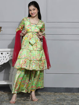 Cherry & Jerry - Green Chinon Silk Kurta with Sharara & Dupatta (Set of 3)