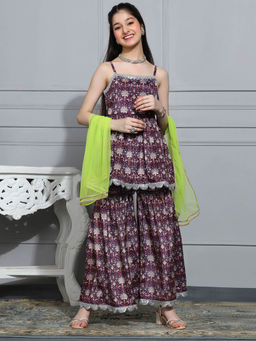 Cherry & Jerry - Purple Chinon Silk Kurta with Sharara & Dupatta (Set of 3)