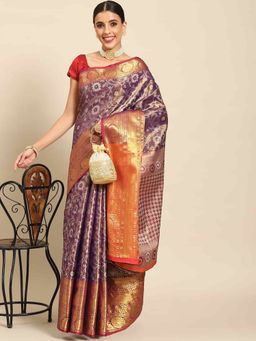 Silk Land - Womens Brocade Soft Silk Purple Zari Woven Saree with Unstitched Blouse