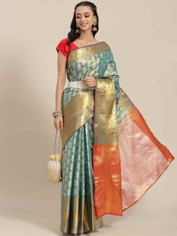 Silk Land - Brocade Heavy Silk Saree with Unsticthed Blouse Piece Teal with Unstitched