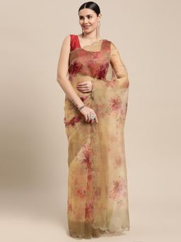 Vastranand - Gold Organza Floral Print Party Wear Saree with Unstitched Blouse