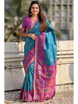 SGF11 - Blue Kanjivaram Patola Pure Soft Silk Saree with Unstitched Blouse