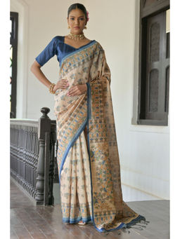 SGF11 - Blue Cotton Linen Kalamkari Printed Silk Saree with Unstitched Blouse