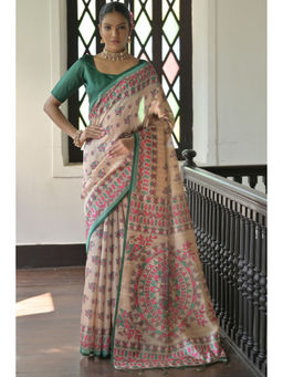 SGF11 - Green Cotton Linen Kalamkari Printed Silk Saree with Unstitched Blouse