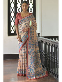 SGF11 - Maroon Cotton Linen Kalamkari Printed Silk Saree with Unstitched Blouse