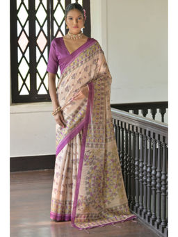 SGF11 - Purple Cotton Linen Kalamkari Printed Silk Saree with Unstitched Blouse