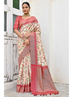 SGF11 - Cream Kalamkari Soft Silk Printed Saree with Unstitched Blouse