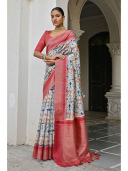 SGF11 - Light Blue-Pink Kalamkari Soft Silk Printed Saree with Unstitched Blouse