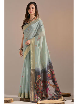 SGF11 - Rama Blue Kanjivaram Soft Cotton Linen Silk Saree with Unstitched Blouse