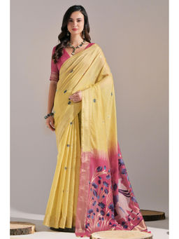 SGF11 - Yellow Kanjivaram Soft Cotton Linen Silk Saree with Unstitched Blouse