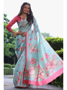 SGF11 - Light Blue Cotton Kalamkari Printed Silk Saree with Unstitched Blouse