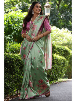 SGF11 - Light Green Cotton Kalamkari Printed Silk Saree with Unstitched Blouse