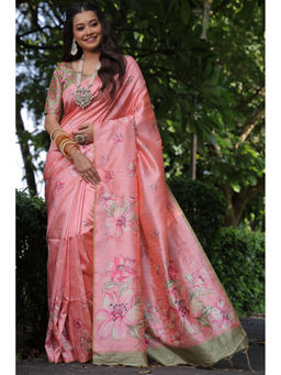 SGF11 - Peach Cotton Kalamkari Printed Silk Saree with Unstitched Blouse