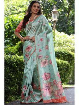 SGF11 - Rama Blue Cotton Kalamkari Printed Silk Saree with Unstitched Blouse