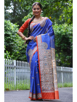 SGF11 - Navy Blue Tussar Soft Silk Saree with Unstitched Blouse