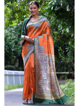 SGF11 - Orange Tussar Soft Silk Saree with Unstitched Blouse