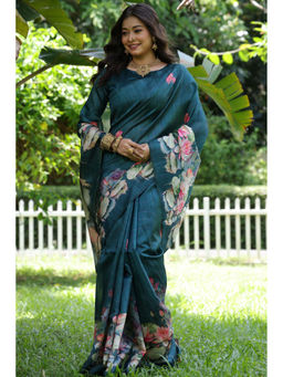 SGF11 - Rama Teal Tussar Soft Silk Saree with Unstitched Blouse