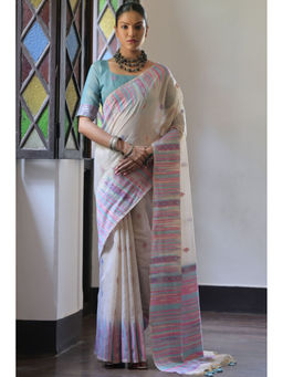 SGF11 - White Blue Soft Cotton Silk Saree with Unstitched Blouse