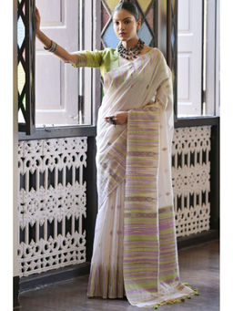 SGF11 - White Green Soft Cotton Silk Saree with Unstitched Blouse