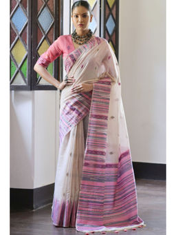 SGF11 - White Purple Soft Cotton Silk Saree with Unstitched Blouse