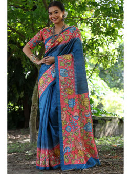 SGF11 - Blue Tussar Kalamkari Soft Silk Saree with Unstitched Blouse
