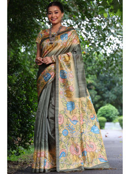 SGF11 - Grey Tussar Kalamkari Soft Silk Saree with Unstitched Blouse