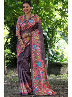 SGF11 - Purple Tussar Kalamkari Soft Silk Saree with Unstitched Blouse