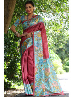 SGF11 - Red Tussar Kalamkari Soft Silk Saree with Unstitched Blouse