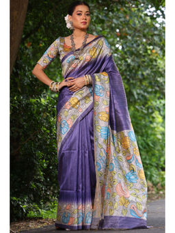 SGF11 - Purple Tussar Kalamkari Soft Silk Saree with Unstitched Blouse