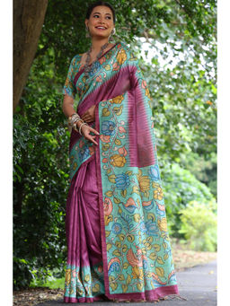 SGF11 - Wine Tussar Kalamkari Soft Silk Saree with Unstitched Blouse
